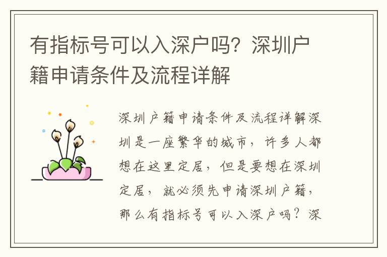 有指標號可以入深戶嗎？深圳戶籍申請條件及流程詳解