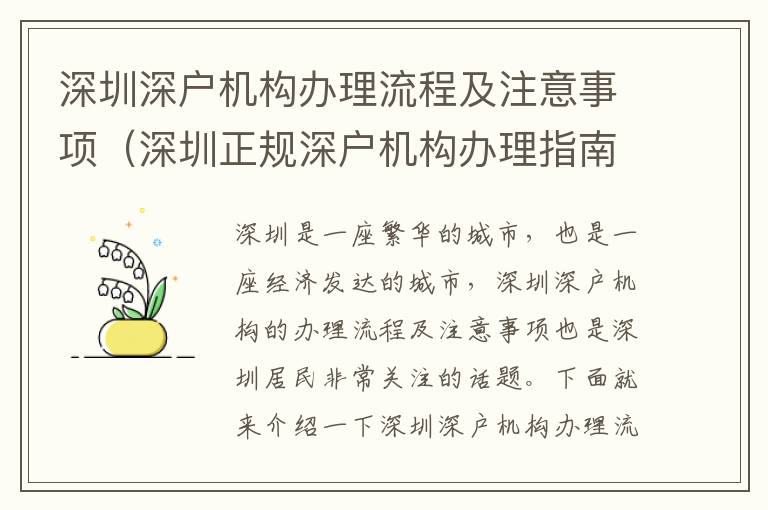深圳深戶機構辦理流程及注意事項（深圳正規(guī)深戶機構辦理指南）