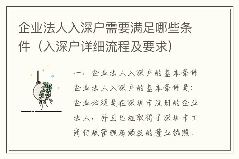 企業(yè)法人入深戶需要滿足哪些條件（入深戶詳細(xì)流程及要求）