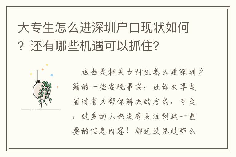 大專生怎么進深圳戶口現(xiàn)狀如何？還有哪些機遇可以抓住？