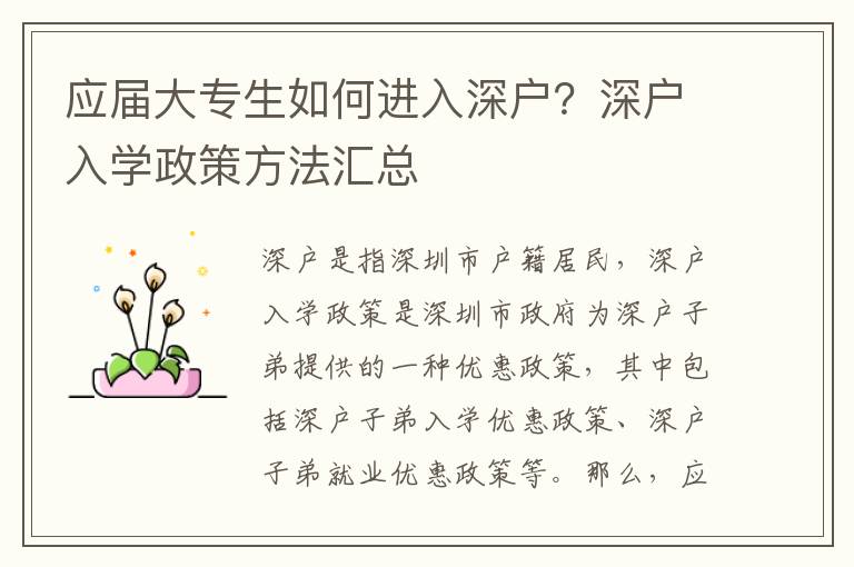 應(yīng)屆大專生如何進(jìn)入深戶？深戶入學(xué)政策方法匯總