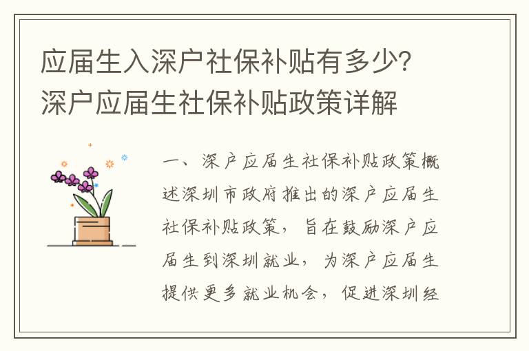 應(yīng)屆生入深戶社保補貼有多少？深戶應(yīng)屆生社保補貼政策詳解