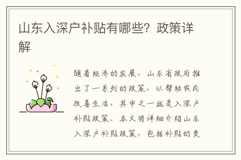 山東入深戶補(bǔ)貼有哪些？政策詳解