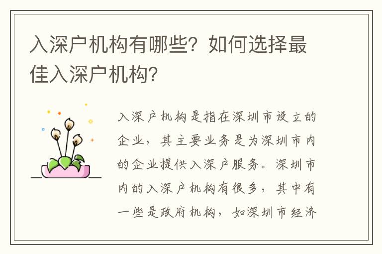 入深戶(hù)機(jī)構(gòu)有哪些？如何選擇最佳入深戶(hù)機(jī)構(gòu)？