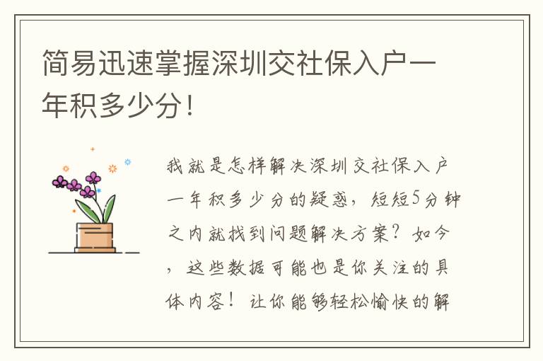 簡(jiǎn)易迅速掌握深圳交社保入戶一年積多少分！