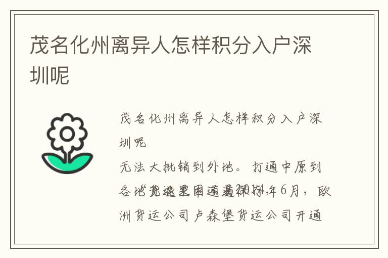 茂名化州離異人怎樣積分入戶深圳呢
