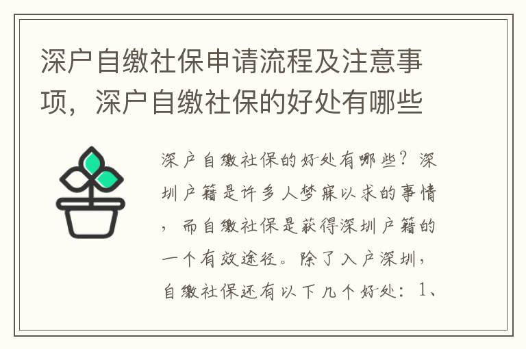 深戶自繳社保申請流程及注意事項，深戶自繳社保的好處有哪些